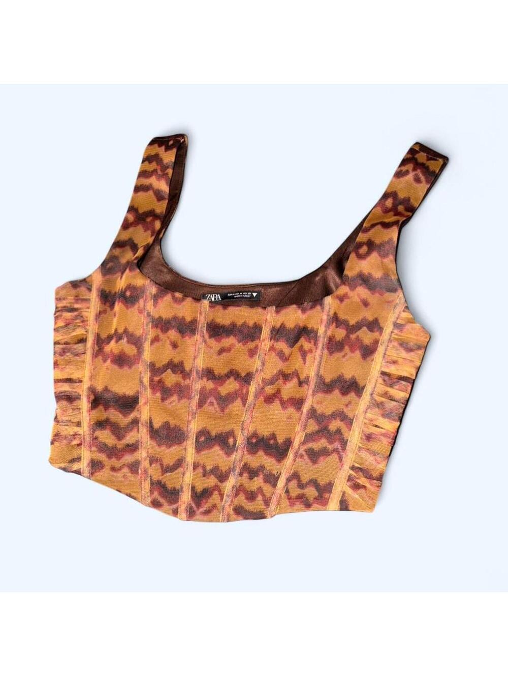 Zara orange and brown mesh corset crop top with ruched detailing Size M